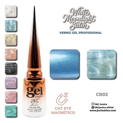 Verniz gel profissional JNC com várias amostras de cores perladas e texto promocional