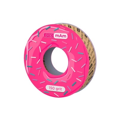 Rolo de lixa formato donut cor rosa com granulados coloridos e texto visível