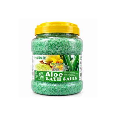 Frasco de sais de banho aloe verde com tampa amarela e etiqueta explicativa
