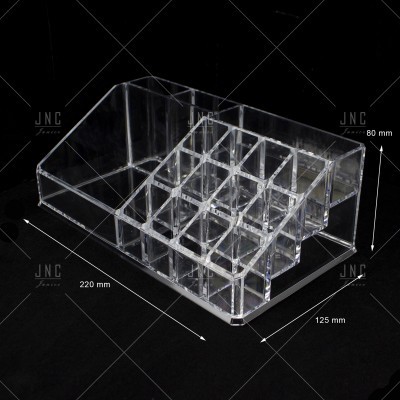 Organizador transparente de maquilhagem em acrílico com 16 compartimentos e um espaço aberto, com medidas indicadas.