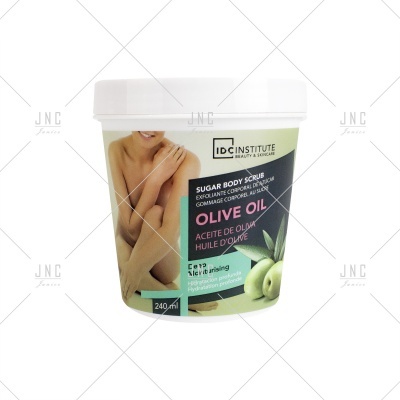 Esfoliante corporal IDC Institute Sugar Body Scrub com óleo de oliva em embalagem branca com tampa