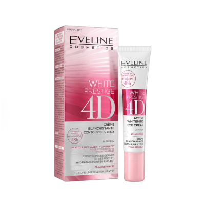 Embalagem e tubo de creme branqueador para olhos da Eveline Cosmetics em tons rosa e branco