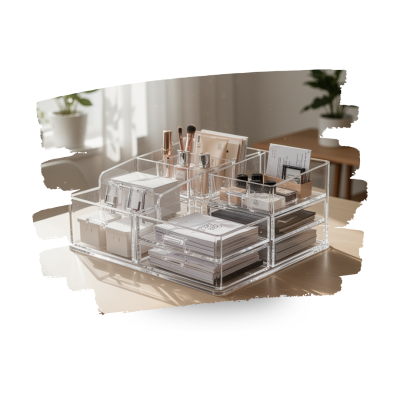 Organizador acrílico transparente com maquilhagem e papéis numa mesa de madeira