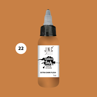 Frasco de tinta para tatuagem JNC Extra Dark Flesh com tampa preta sobre fundo castanho
