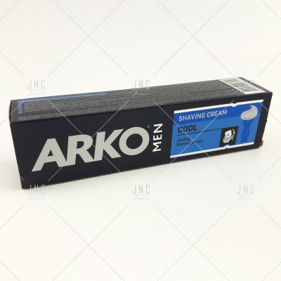 Creme de barbear ARKO MEN embalagem preta com texto branco e azul