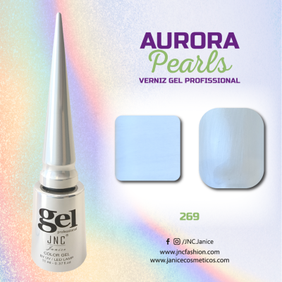 Frasco de verniz gel profissional JNC branco com amostras de cor azul perolada