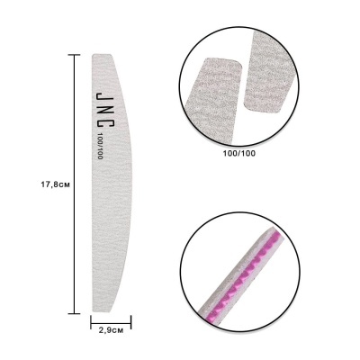 Lima de unhas cinzenta curva com texto JNC 100/100 e padrão rosa