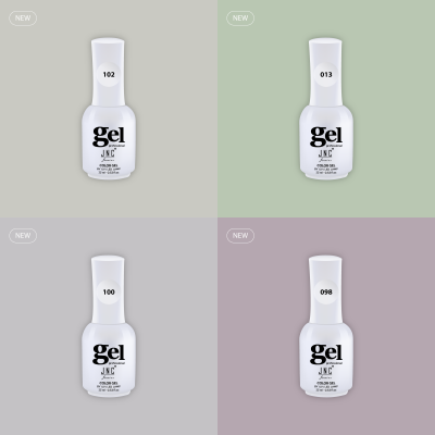 Quatro frascos brancos de verniz gel JNC Professional numerados, em fundos coloridos pastel com indicação NEW.