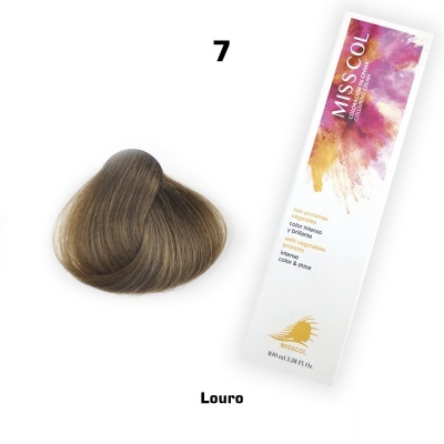 Embalagem de corante de cabelo MISS COL tom 7 Louro com amostra de cabelo loiro