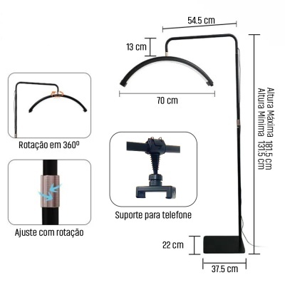 Lâmpada de pé preta com suporte para telemóvel e instruções de medidas e ajustes