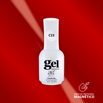 Frasco de verniz gel profissional cor C23 com design branco e texto preto em fundo vermelho