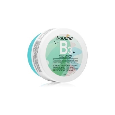 Creme corporal Babaria Vit B3+ em embalagem redonda branca com rótulo verde e azul