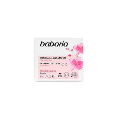Embalagem de creme facial antiarrugas Babaria com flores rosa e texto em preto e rosa
