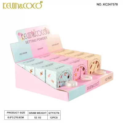 Display de pó fixador KEVIN&COCO com 12 unidades em caixas coloridas e pequenos frascos transparentes