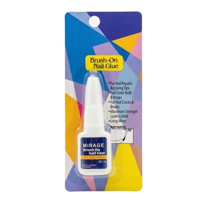 Embalagem de cola para unhas MIRAGE Brush On Nail Glue com rótulo azul e fundo colorido geométrico.