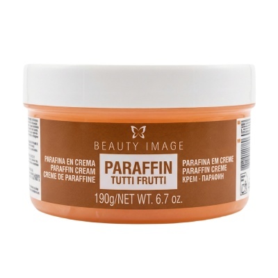 Recipiente de parafina em creme laranja com tampa branca e rótulo marron