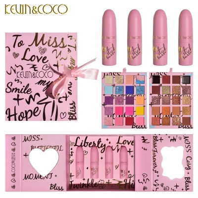 Conjunto de maquilhagem KEVIN&COCO com batons cor-de-rosa e paletas de sombras coloridas