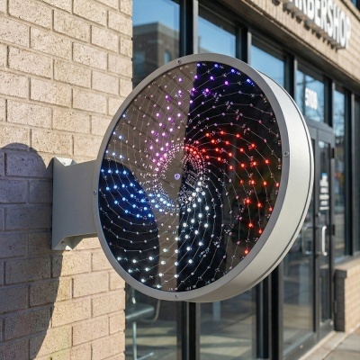 Sinal luminoso circular com LEDs coloridos instalado na parede de um edifício.