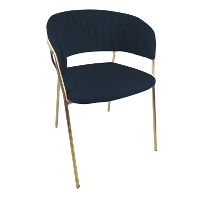 Cadeira azul escura estofada com pernas douradas