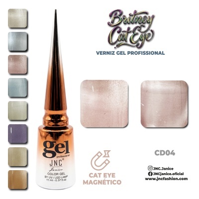 Verniz gel profissional JNC Janice cor CD04 com embalagem metálica e amostras coloridas