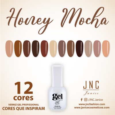 Verniz gel profissional JNC com 12 cores em tons castanhos e bege, frasco branco, texto Honey Mocha