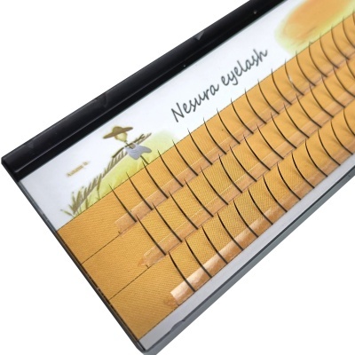 Caixa de pestanas postiços individuais, base amarela e texto Neyra eyelash