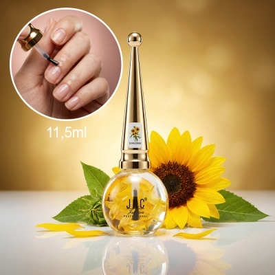 Esmalte transparente com pétalas de girassol dentro do frasco e tampa dourada, com girassol ao fundo