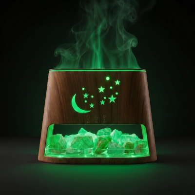 Difusor de aroma de madeira com luzes verdes e vapor saindo do topo
