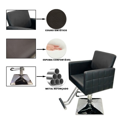 Cadeira de salão preta em couro sintético com base metálica reforçada