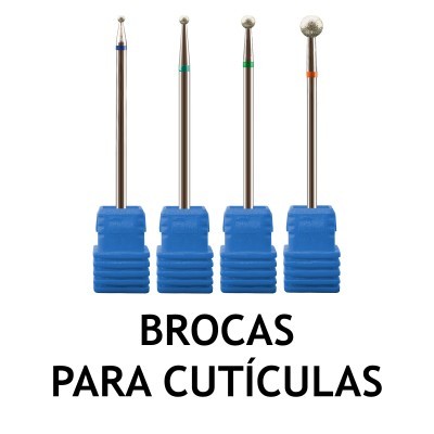 Quatro brocas para cutículas com base azul e textura metálica com texto BROCAS PARA CUTÍCULAS