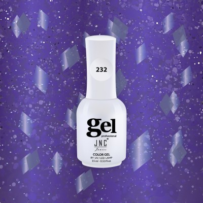 Frasco de verniz gel com etiqueta 232 sobre fundo roxo holográfico