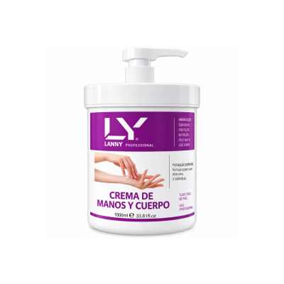 Frasco branco de creme de mãos e corpo com tampa de bomba e rótulo roxo e branco da marca LANNY PROFESSIONAL.