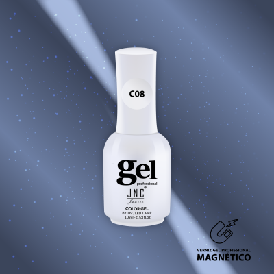 Frasco branco de verniz gel profissional magnético JNC com texto preto, sobre fundo azul com partículas