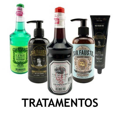 Cinco produtos para tratamentos pessoais em embalagens diversas com a palavra TRATAMENTOS ao fundo