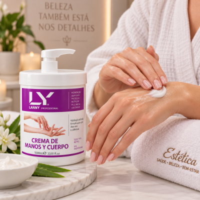 Frasco de creme LY Lanny Professional, mão aplicando creme, toalha bordada e fundo relaxante