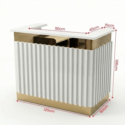 Balcão branco e dourado com frisos verticais e dimensões em vermelho num fundo branco.