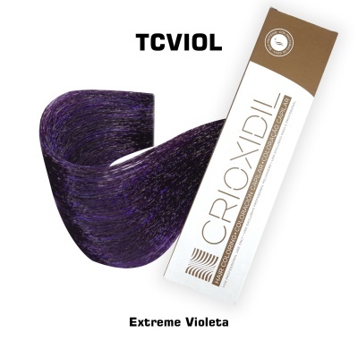 Embalagem de tonalizante para cabelo CroxDIL cor Extreme Violeta com amostra de cabelo na cor violeta