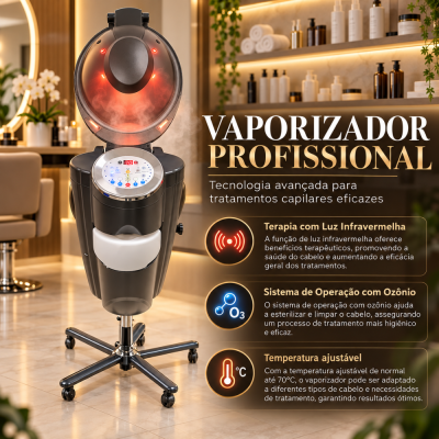 Vaporizador profissional preto com visor digital e painel de controlo num salão de cabeleireiro moderno