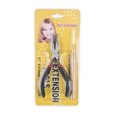 Kit para extensão de cabelo com alicate e ferramenta numa embalagem amarela
