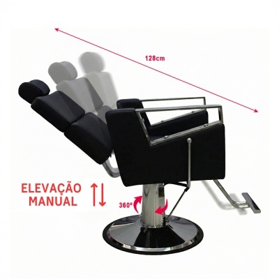 Cadeira de salão preta com encosto reclinável e base metálica