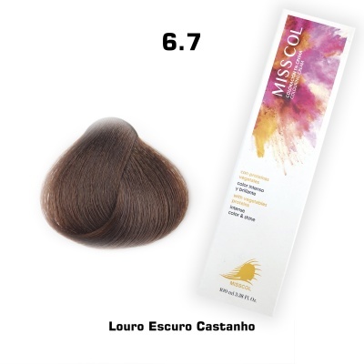Tonalizador Misscol 6.7 Louro Escuro Castanho com amostra de cabelo e embalagem branca com texto colorido