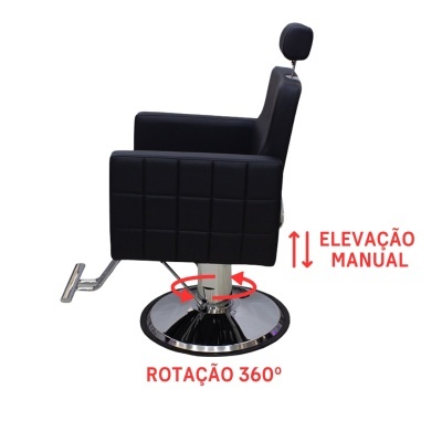 Cadeira de barbeiro preta com elevação manual e rotação 360 graus