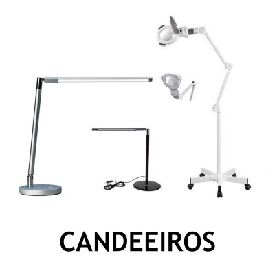 Três candeeiros modernos, dois de mesa (azul e preto) e um de pé branco com rodas, sobre fundo branco, texto CANDEEiros.