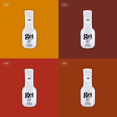 Quatro frascos brancos de verniz gel JNC com números e etiquetas NEW em fundo colorido