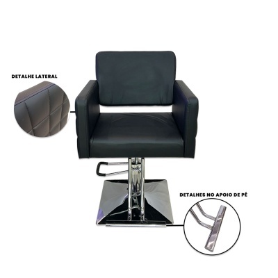 Cadeira de cabeleireiro preta com apoio de pé em metal cromado e base quadrada