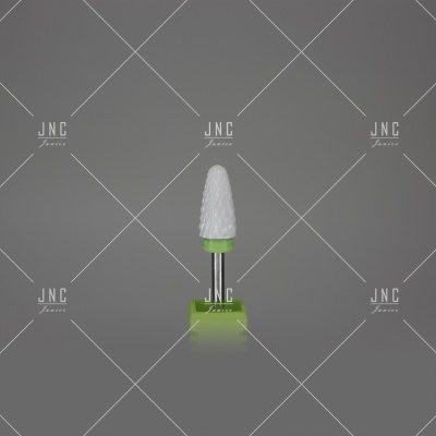 Broca de cerâmica branca com base verde em fundo cinzento com logos JNC France