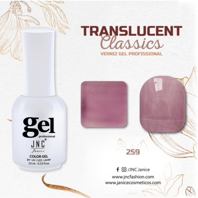 frasco de verniz gel branco com amostras de cor translúcida roxa e texto promocional