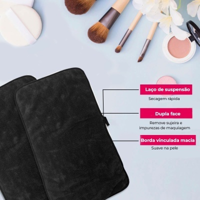 Produto preto de limpeza de maquilhagem com indicações em rosa e acessórios de maquilhagem ao fundo