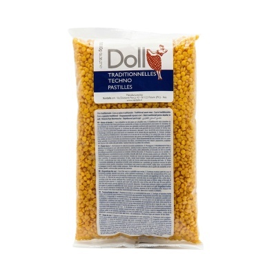 Pacote de pastilhas amarelas Doll em embalagem transparente com rótulo branco e azul