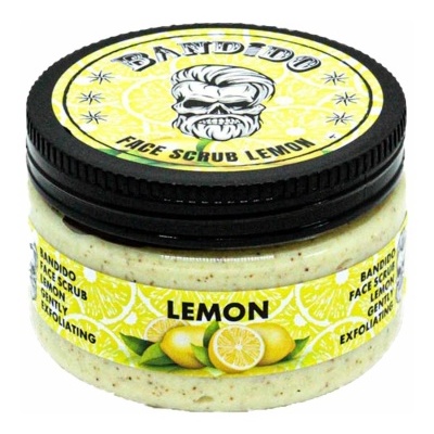 Esfoliante facial BANDIDO Face Scrub Lemon em frasco redondo com tampa preta e rótulo amarelo com limões